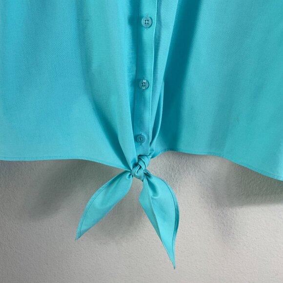 Chicos Womens XL No Iron Turquoise Button Up Shirt Roll Tab Sleeve Blouse - Picture 7 of 9